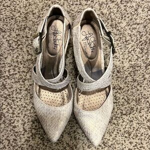 Life Stride Cream Faux Snakeskin Heels with Decorative Strap and Cutout Details